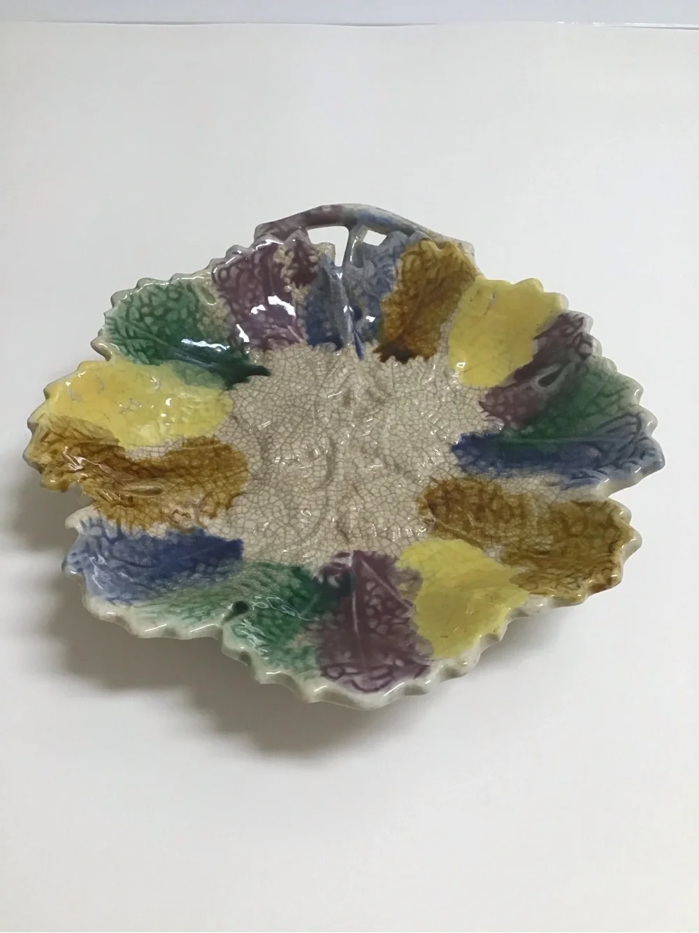 Antique Majolica Leaf Plate 1880's ? Morley & Co. Wellsville OH  7x7” Colorful